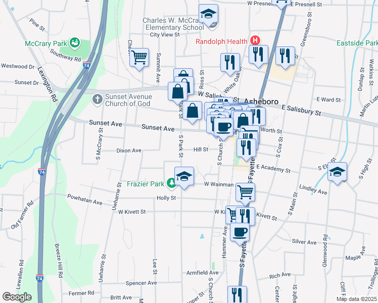 map of restaurants, bars, coffee shops, grocery stores, and more near 429 Hill Street in Asheboro