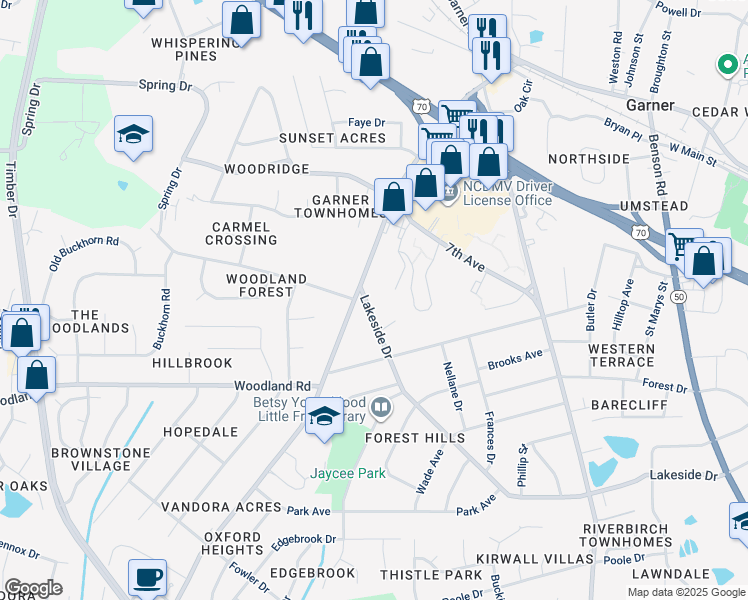map of restaurants, bars, coffee shops, grocery stores, and more near 1706 Lakeside Drive in Garner