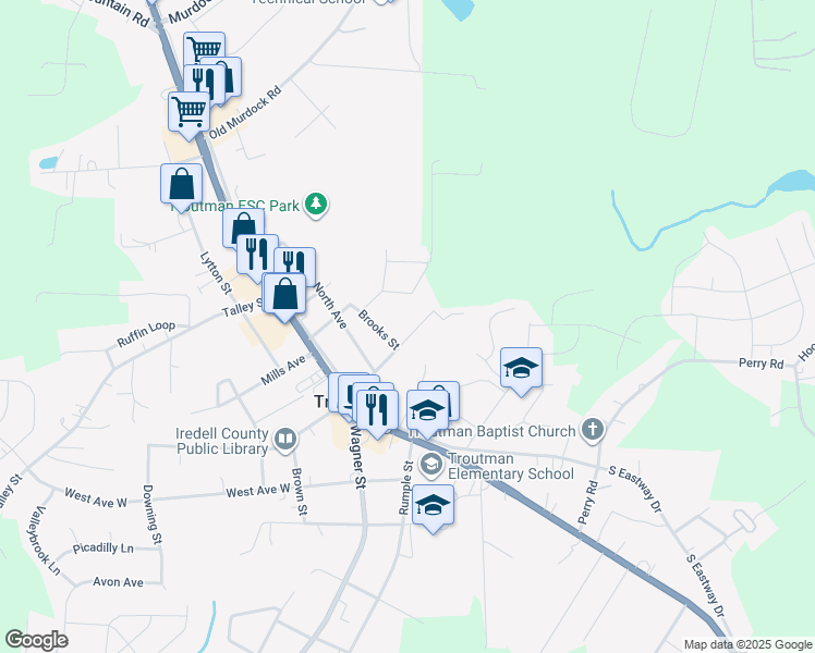 map of restaurants, bars, coffee shops, grocery stores, and more near 316 East Church Street in Troutman
