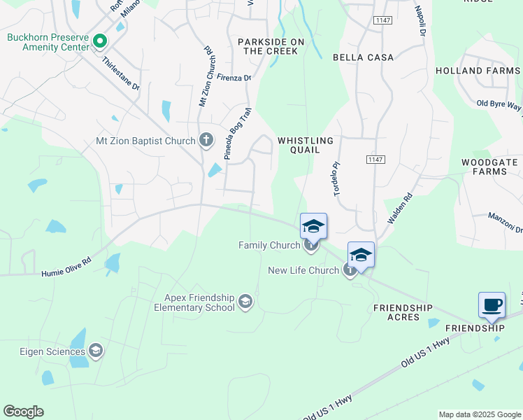 map of restaurants, bars, coffee shops, grocery stores, and more near 7904 Humie Olive Road in Apex