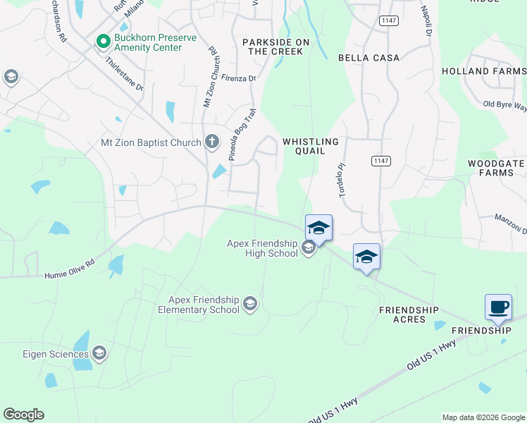 map of restaurants, bars, coffee shops, grocery stores, and more near 7904 Humie Olive Road in Apex
