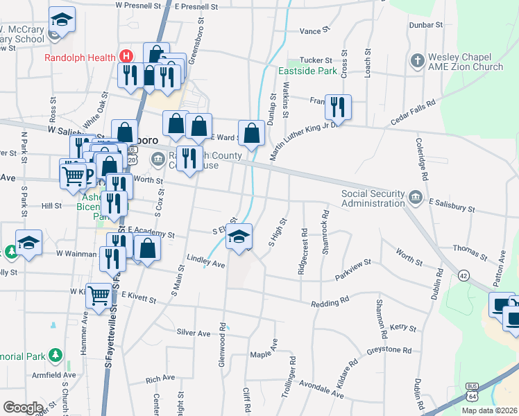 map of restaurants, bars, coffee shops, grocery stores, and more near 114 South Randolph Avenue in Asheboro