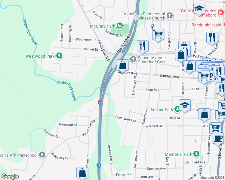 map of restaurants, bars, coffee shops, grocery stores, and more near 179A Farmer Road in Asheboro