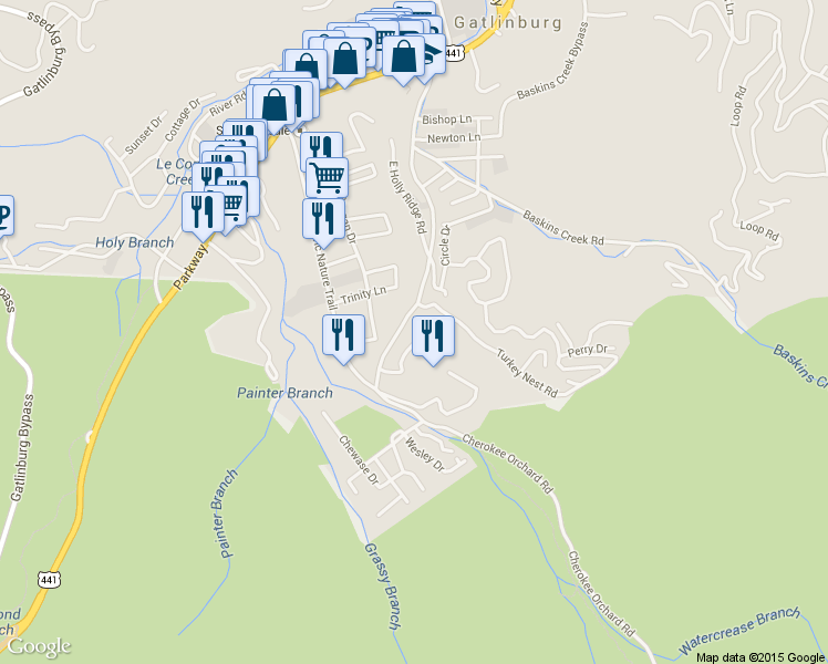 map of restaurants, bars, coffee shops, grocery stores, and more near 720 Widows Knob Rd in Gatlinburg