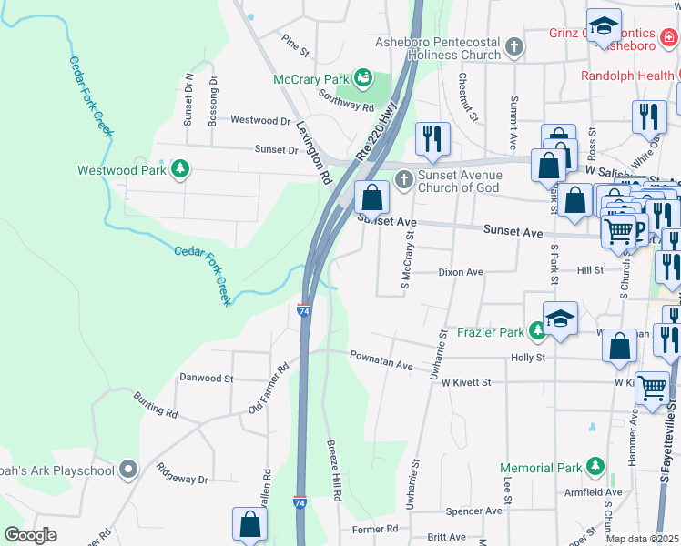 map of restaurants, bars, coffee shops, grocery stores, and more near 179A Farmer Road in Asheboro