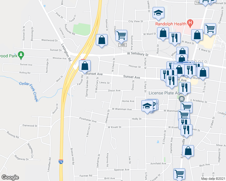 map of restaurants, bars, coffee shops, grocery stores, and more near 803 Dixon Avenue in Asheboro