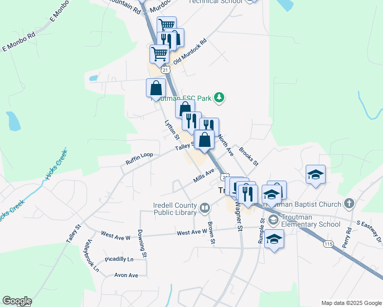 map of restaurants, bars, coffee shops, grocery stores, and more near 250 Lytton Street in Troutman