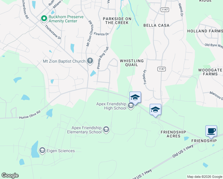 map of restaurants, bars, coffee shops, grocery stores, and more near 7904 Humie Olive Road in Apex