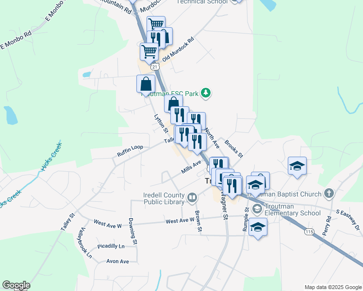 map of restaurants, bars, coffee shops, grocery stores, and more near 258 Lytton Street in Troutman