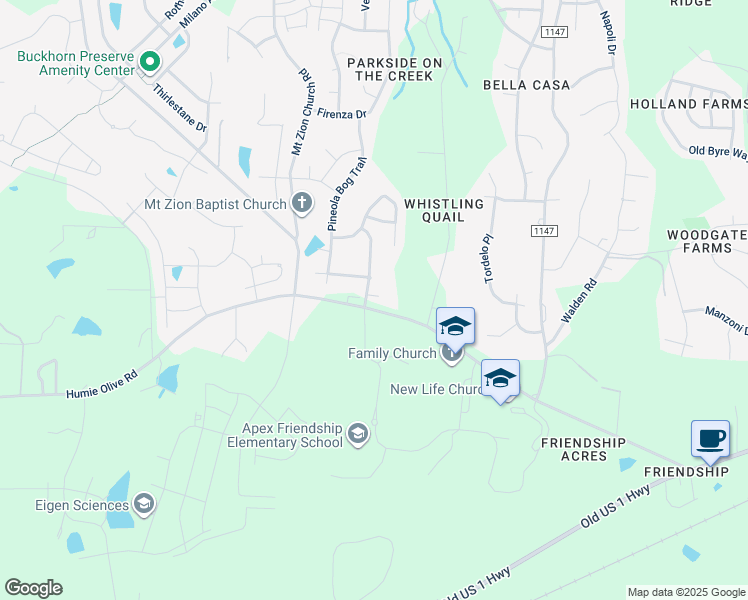 map of restaurants, bars, coffee shops, grocery stores, and more near 7904 Humie Olive Road in Apex