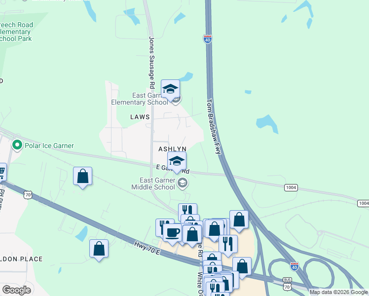 map of restaurants, bars, coffee shops, grocery stores, and more near 140 Ashlyn Ridge Drive in Garner