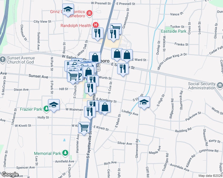 map of restaurants, bars, coffee shops, grocery stores, and more near 149 South Cox Street in Asheboro