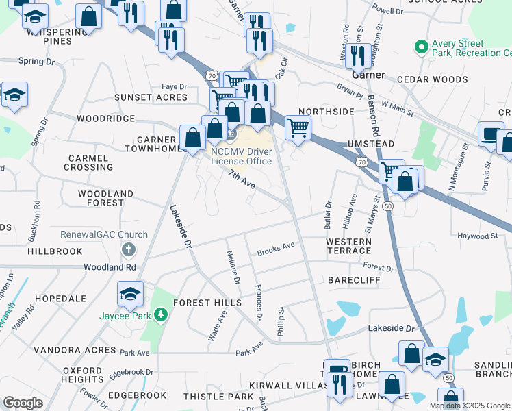 map of restaurants, bars, coffee shops, grocery stores, and more near 905 7th Avenue in Garner