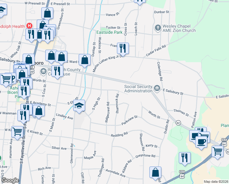 map of restaurants, bars, coffee shops, grocery stores, and more near 111 Shamrock Road in Asheboro