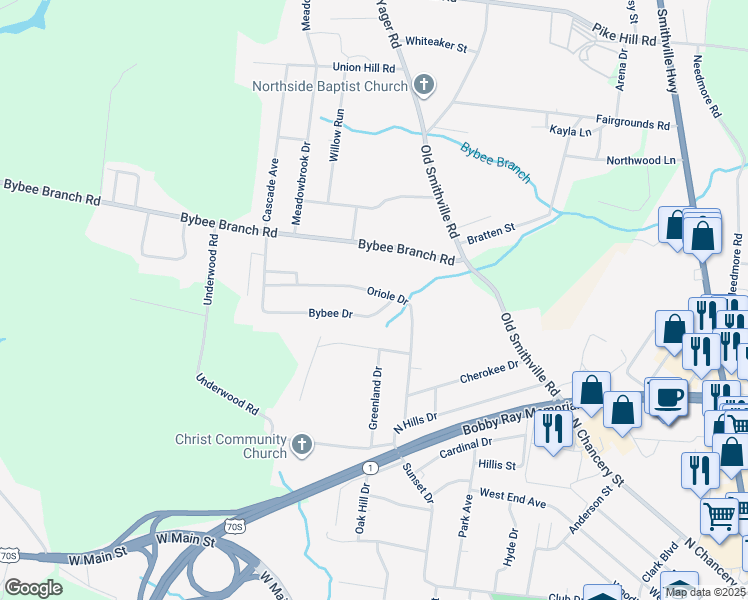 map of restaurants, bars, coffee shops, grocery stores, and more near 107 Bybee Drive in McMinnville