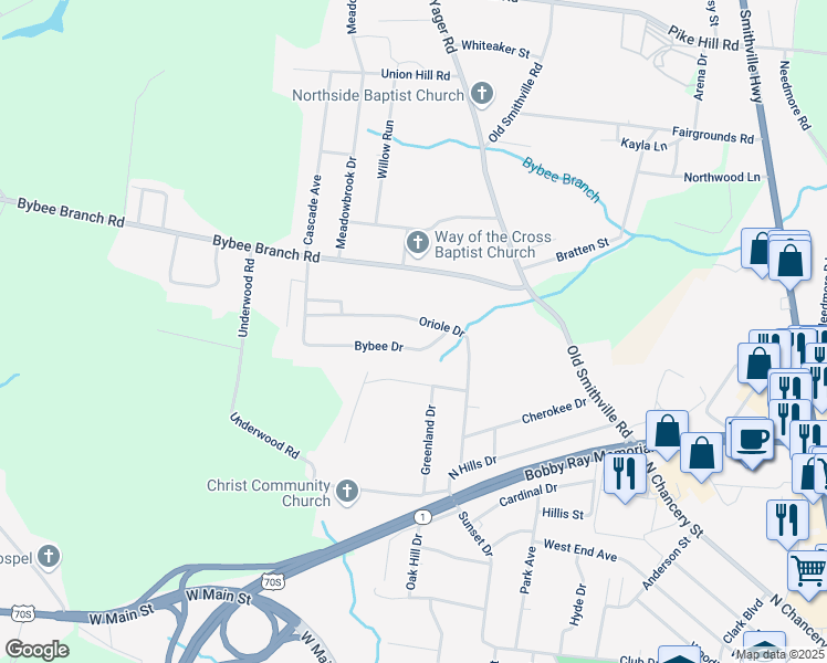 map of restaurants, bars, coffee shops, grocery stores, and more near 132 Bybee Drive in McMinnville