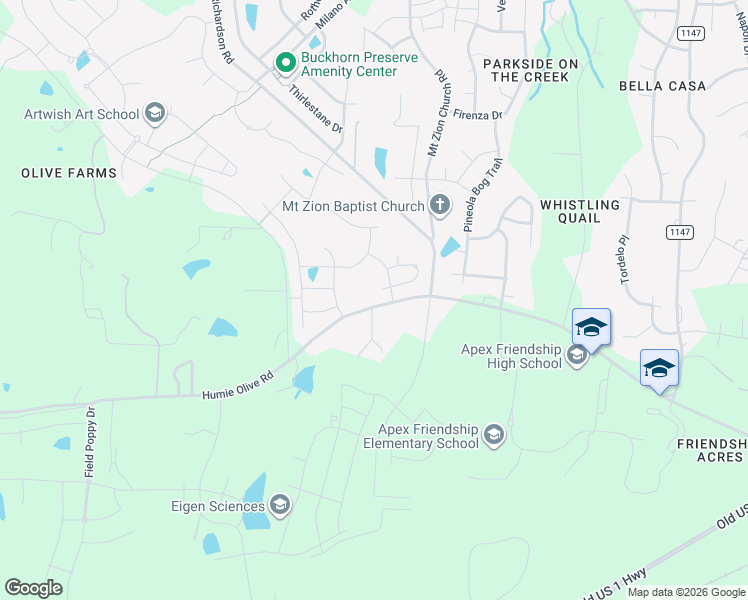 map of restaurants, bars, coffee shops, grocery stores, and more near 8021 Humie Olive Road in Apex