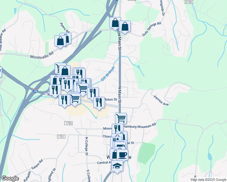 map of restaurants, bars, coffee shops, grocery stores, and more near 9 Sunset Drive in Weaverville