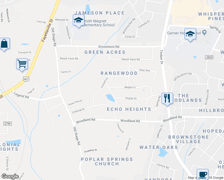 map of restaurants, bars, coffee shops, grocery stores, and more near 5611 Lakeside Terrace in Raleigh