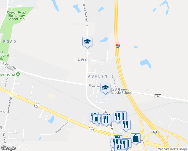 map of restaurants, bars, coffee shops, grocery stores, and more near 109 Kimeo Way in Garner