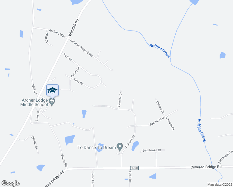 map of restaurants, bars, coffee shops, grocery stores, and more near 123 Pontiac Court in Wendell