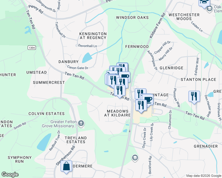 map of restaurants, bars, coffee shops, grocery stores, and more near 3490 Kildaire Farm Road in Cary