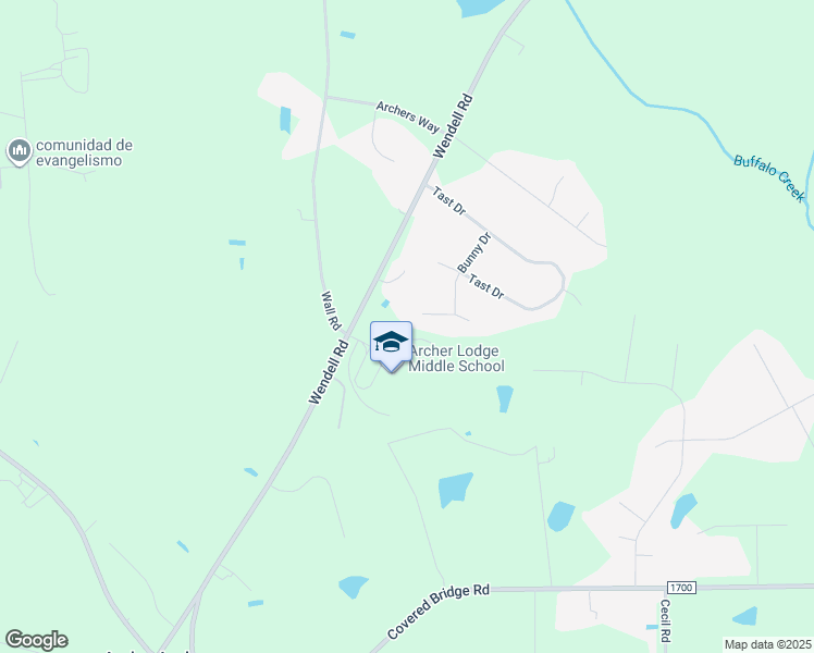 map of restaurants, bars, coffee shops, grocery stores, and more near 75 Rains Drive in Wendell