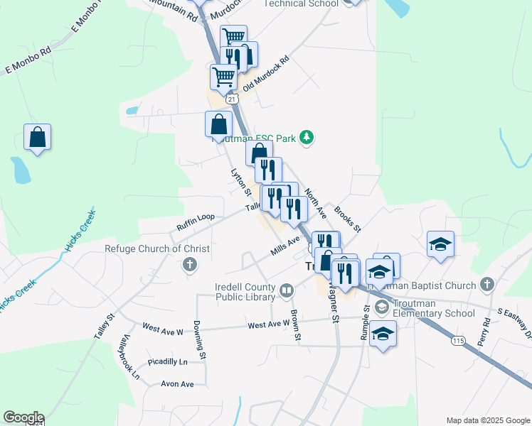 map of restaurants, bars, coffee shops, grocery stores, and more near 258 Lytton Street in Troutman