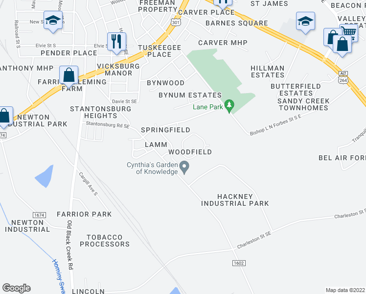 map of restaurants, bars, coffee shops, grocery stores, and more near 1845 East Trail Drive Southeast in Wilson