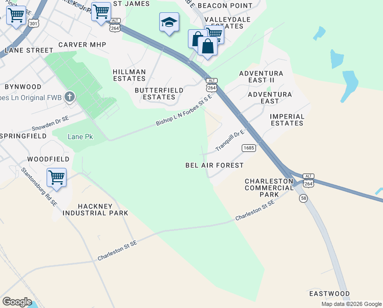 map of restaurants, bars, coffee shops, grocery stores, and more near 2324 Tranquil Drive Southeast in Wilson
