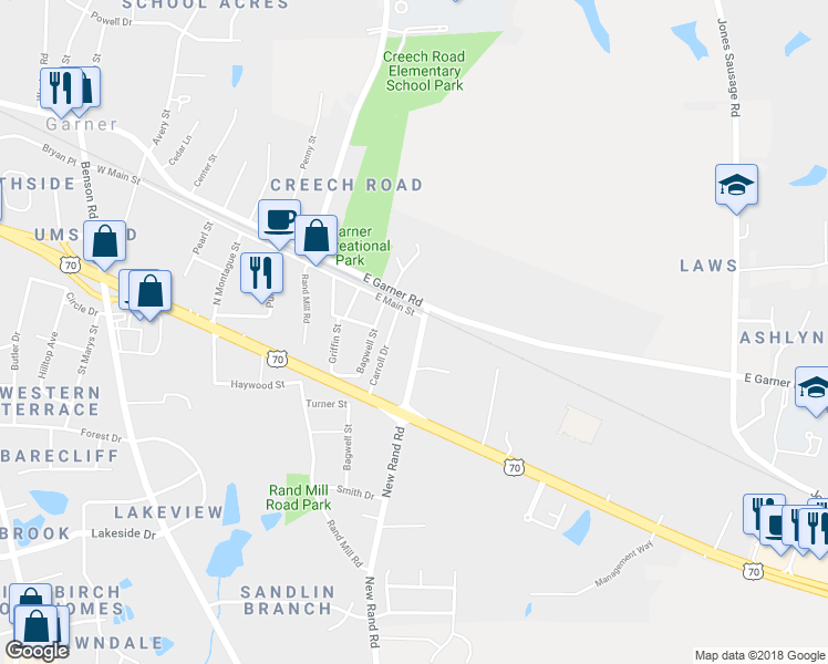 map of restaurants, bars, coffee shops, grocery stores, and more near 104 New Rand Road in Garner