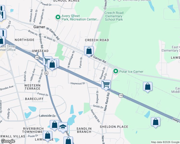 map of restaurants, bars, coffee shops, grocery stores, and more near 208 Griffin Street in Garner