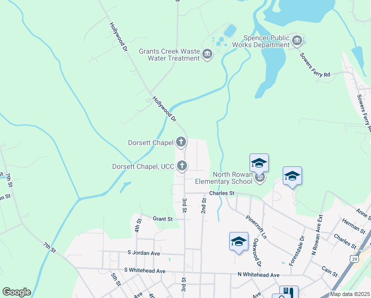 map of restaurants, bars, coffee shops, grocery stores, and more near 1325 Hollywood Drive in Spencer