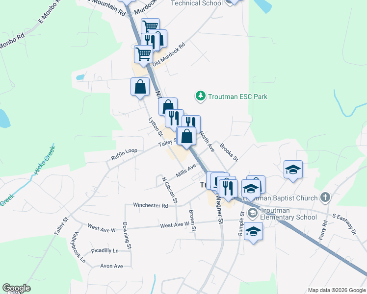 map of restaurants, bars, coffee shops, grocery stores, and more near 285 North Main Street in Troutman