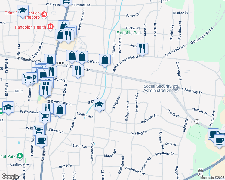 map of restaurants, bars, coffee shops, grocery stores, and more near 114 South Randolph Avenue in Asheboro