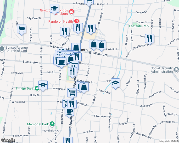 map of restaurants, bars, coffee shops, grocery stores, and more near 149 South Cox Street in Asheboro