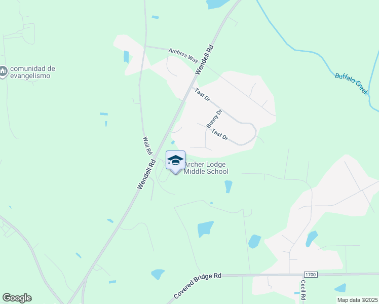 map of restaurants, bars, coffee shops, grocery stores, and more near 75 Rains Drive in Wendell