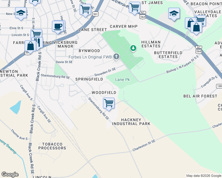 map of restaurants, bars, coffee shops, grocery stores, and more near 1821 East Trail Drive Southeast in Wilson