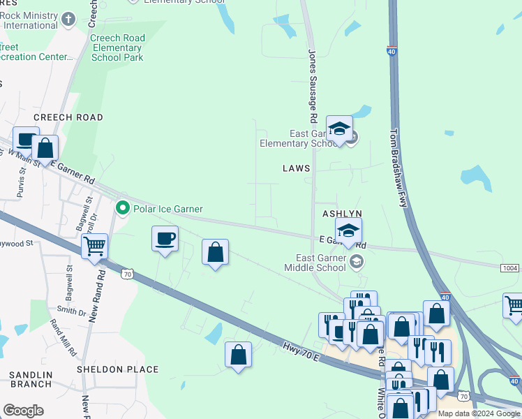 map of restaurants, bars, coffee shops, grocery stores, and more near 651 East Garner Road in Garner
