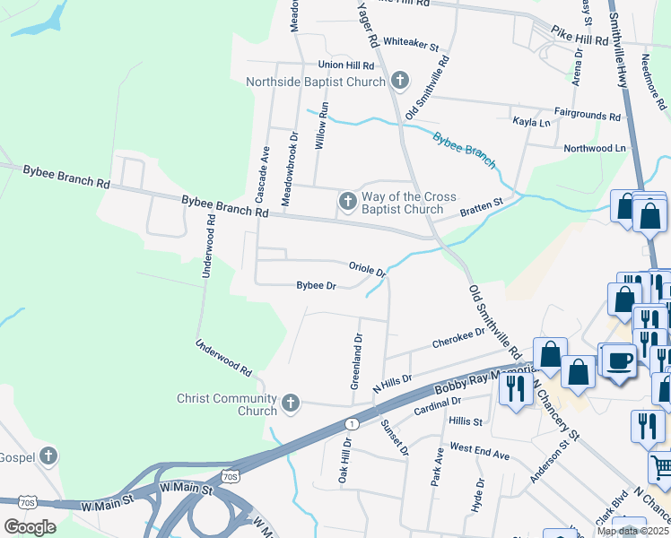 map of restaurants, bars, coffee shops, grocery stores, and more near 419 Oriole Drive in McMinnville