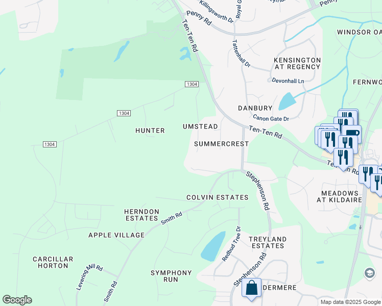 map of restaurants, bars, coffee shops, grocery stores, and more near 2628 Sweetgum Drive in Apex