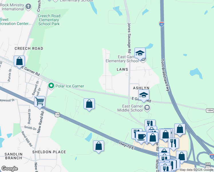 map of restaurants, bars, coffee shops, grocery stores, and more near 651 East Garner Road in Garner