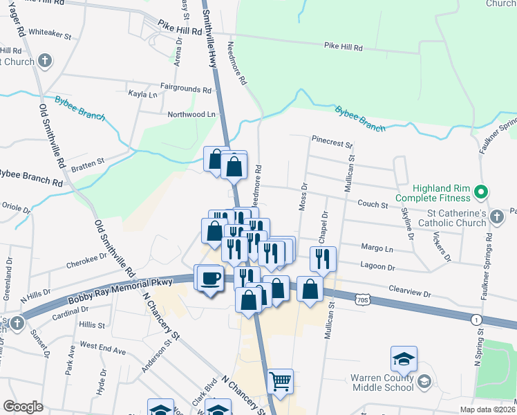 map of restaurants, bars, coffee shops, grocery stores, and more near 316 Needmore Road in McMinnville