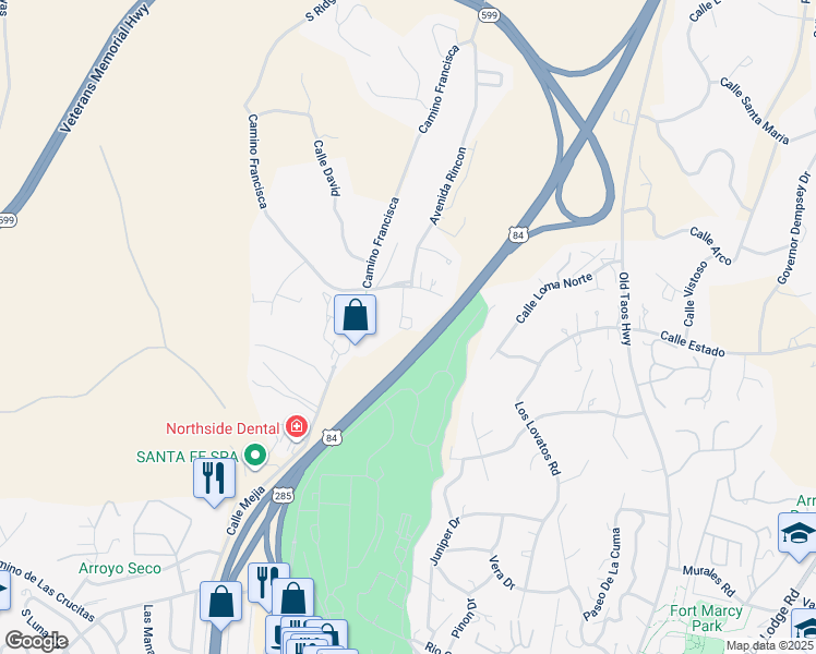 map of restaurants, bars, coffee shops, grocery stores, and more near 600 Circulo De Morelia in Santa Fe