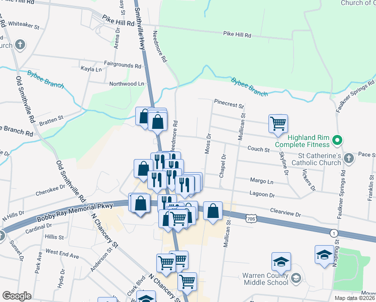 map of restaurants, bars, coffee shops, grocery stores, and more near 316 Needmore Road in McMinnville