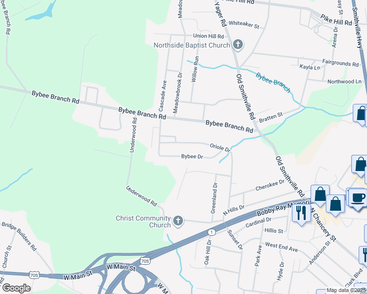 map of restaurants, bars, coffee shops, grocery stores, and more near 443 Oriole Drive in McMinnville