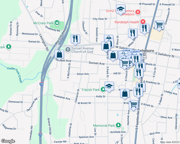 map of restaurants, bars, coffee shops, grocery stores, and more near 640 Dixon Avenue in Asheboro