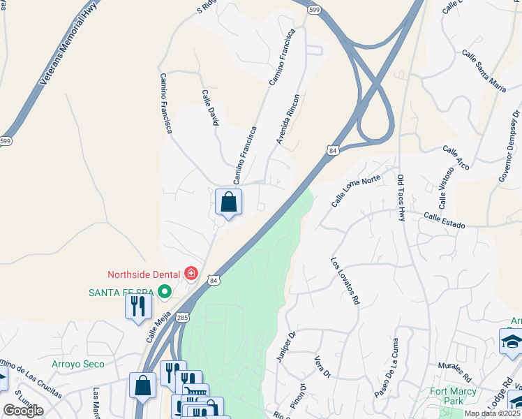 map of restaurants, bars, coffee shops, grocery stores, and more near 600 Circulo De Morelia in Santa Fe