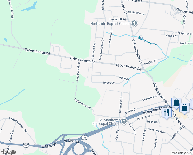 map of restaurants, bars, coffee shops, grocery stores, and more near 164 Bybee Drive in McMinnville