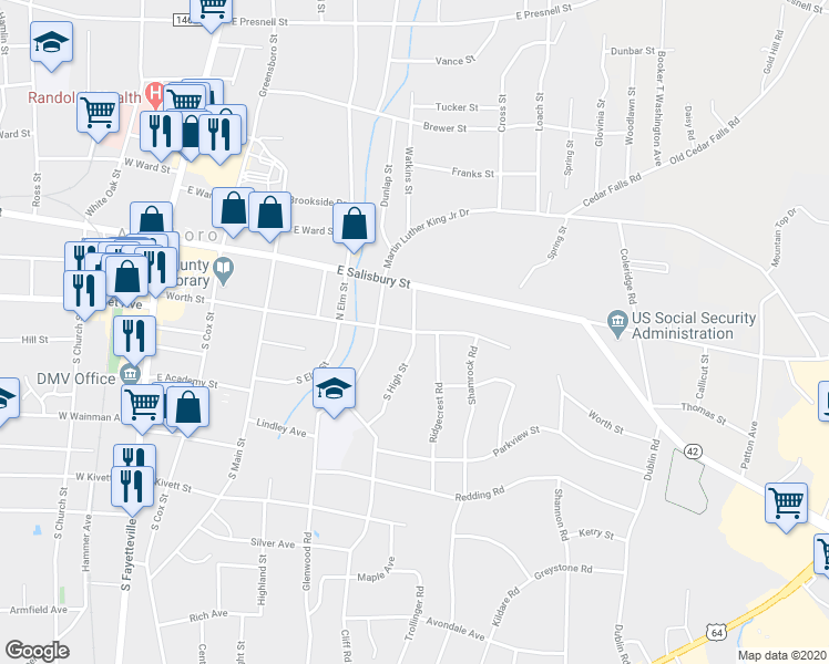 map of restaurants, bars, coffee shops, grocery stores, and more near 601 Worth Street in Asheboro